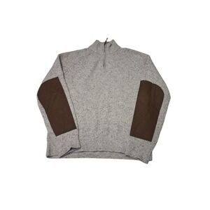 Flint and Tinder Mens Lambswool Donegal Quarter Zip Sweater Elbow Patches Gray M